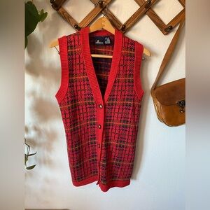 Vintage Liz Claiborne Red Plaid Knit Sweatervest Small Preppy Retro Granny Vest